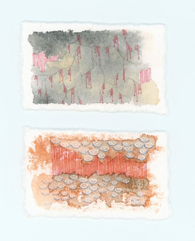 Two small watercolor and ink works on paper, one gray with red drips, one orange with rows of small eyes