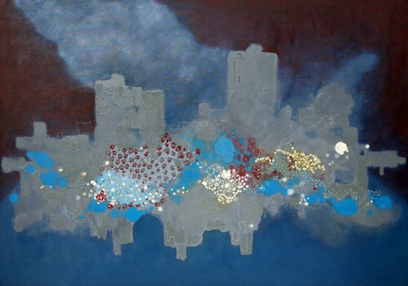 Painting of a gray city skyline against deep blue and red, with dots of blue, red and gold
