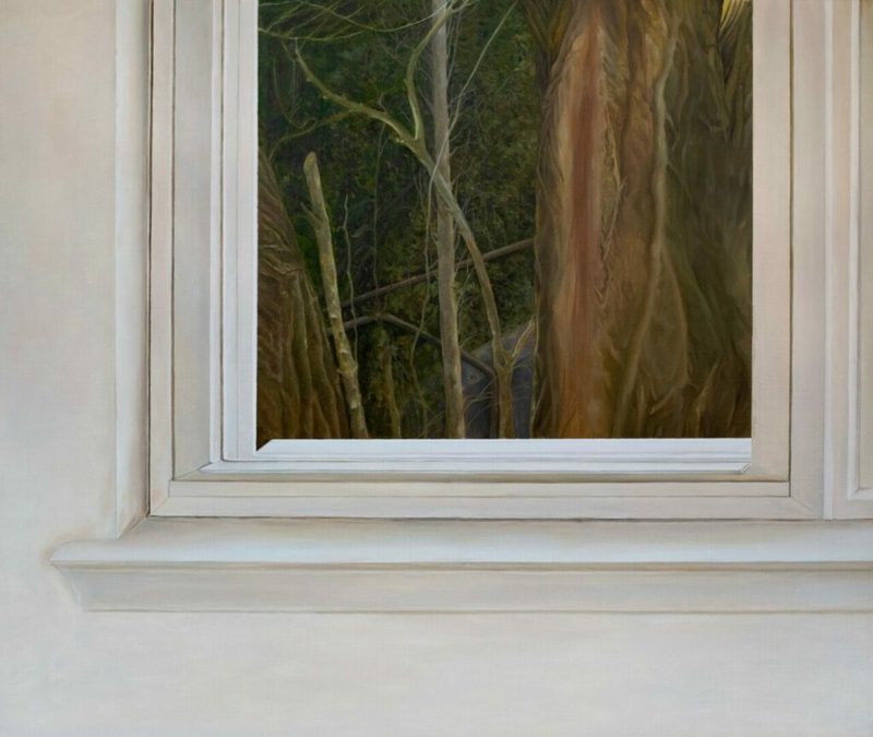 Oil painting of a white window frame looking out on tree trunks and branches