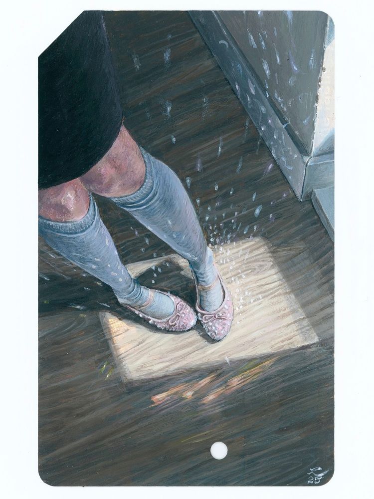 Looking down at a child in gray knee socks and pink ballet flats standing in a square of sunlight