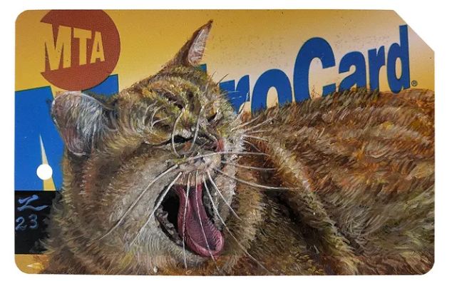 A tabby cat mid-yawn, painted across a MetroCard
