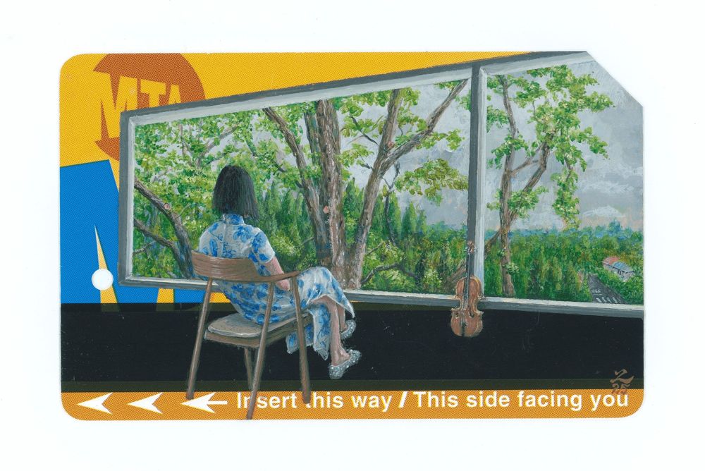 A woman in a blue-and-white qipao sits on a chair looking out a wide window at green trees, a violin leaning by the glass