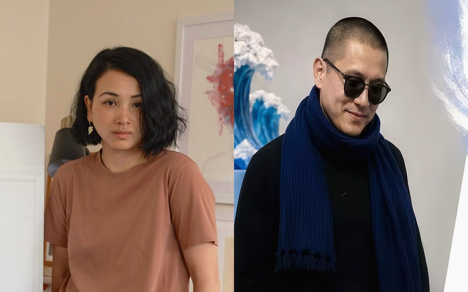 Portrait of Mrs. Chen, in a room with a framed red and blue abstract painting, beside a portrait of Mr. Zhang in sunglasses and a navy scarf, next to a sculpture of a blue wave