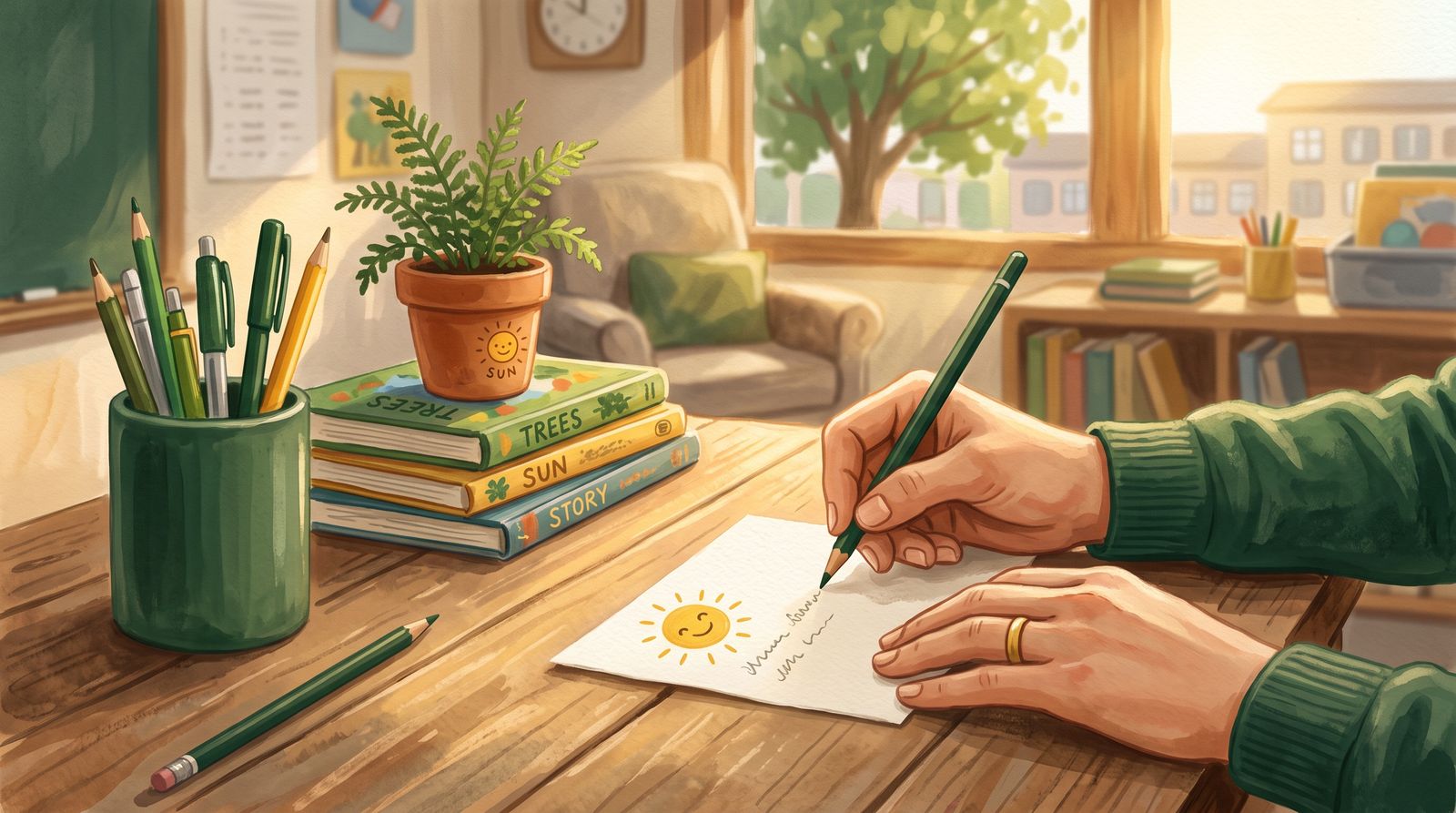 Illustration: a teacher's hand writes a note on a small card with a smiling sun drawn on it, at a sunlit classroom desk with books, a fern, and a cup of pencils