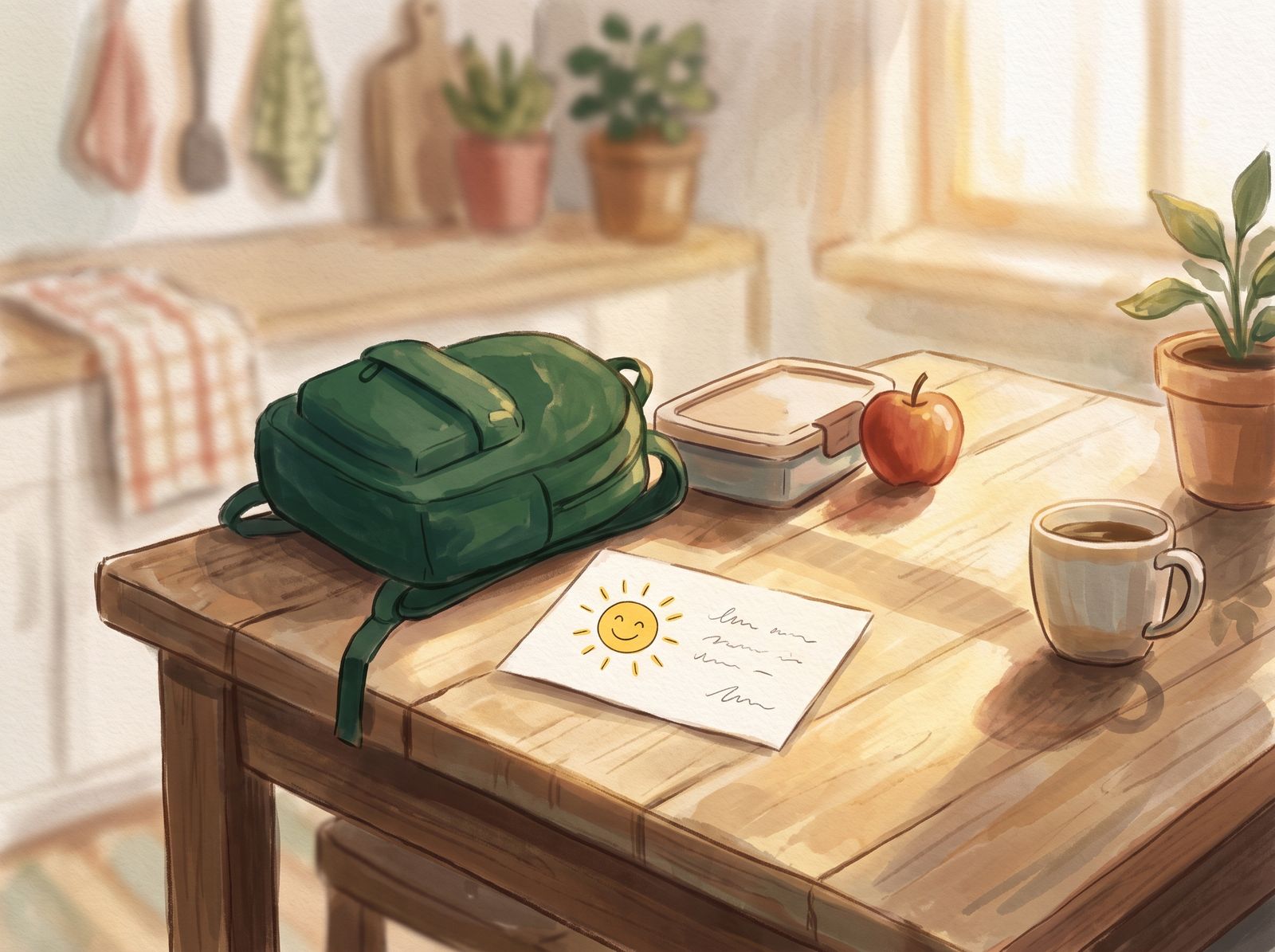 Illustration: a note card with a smiling sun and a few handwritten lines lies on a sunlit kitchen table beside a green backpack, a lunch box, an apple, and a cup of tea