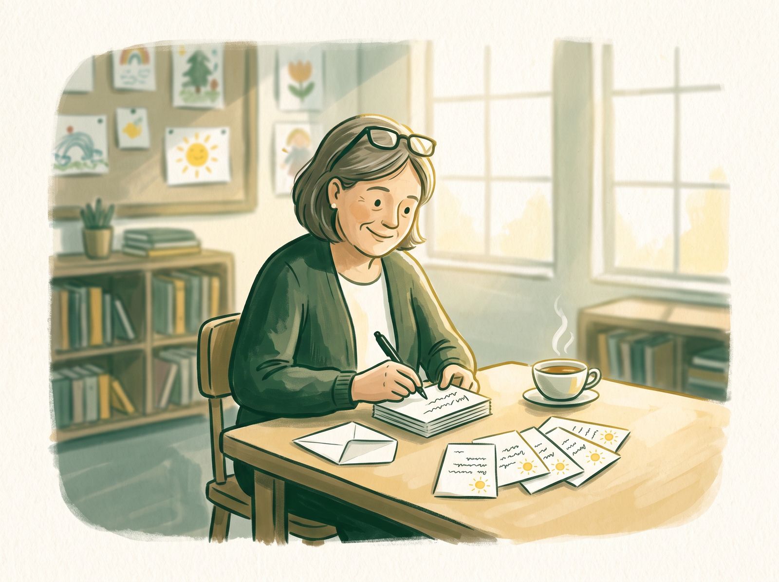 Illustration: a smiling teacher in a green cardigan sits at a classroom table writing a note on a card, with finished cards marked with little suns fanned out beside her and a cup of tea nearby