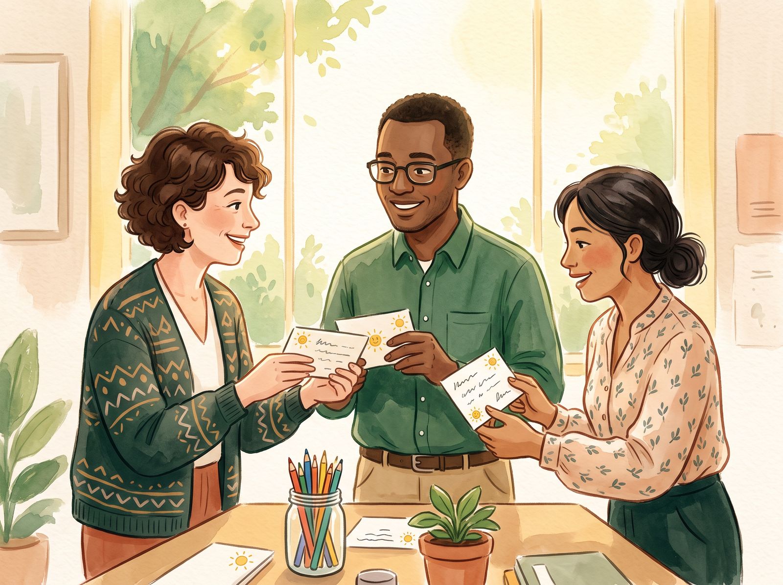 Illustration: three smiling teachers stand around a table sharing handwritten note cards decorated with small suns