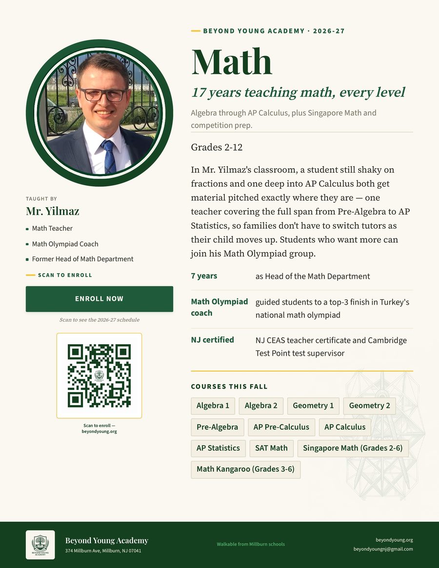 Mr. Yilmaz — Math poster, Grade 2 through 12, Beyond Young Academy 2026-27